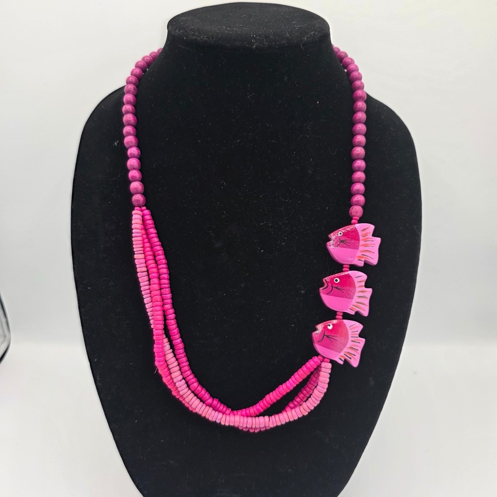 Womens Multi Strand Beaded Necklace Hot Pink‎ Wooden Fish Beach Summer Boho 24"